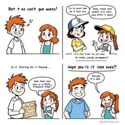 A comic strip consisting of four panels, each depicting a conversation between two boys and two girls, creating a fun and lively atmosphere