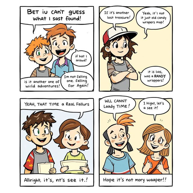 A comic strip consisting of four panels, each depicting a conversation between two boys and two girls, creating a fun and lively atmosphere