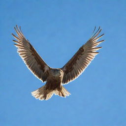 A bird with antlers soaring through a clear blue sky, with each feather intricately detailed and sunlight glinting off the antlers.