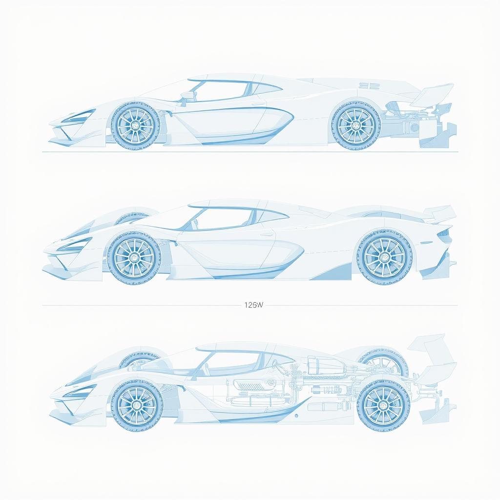 A detailed blueprint of a modern supercar inspired by Formula 1, displayed from six different angles: front view, side view, rear view, top view, diagonal view, and an exploded view showing the car's inner components