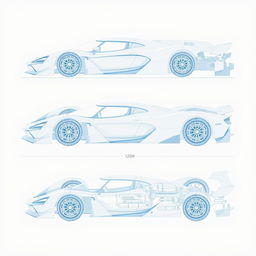 A detailed blueprint of a modern supercar inspired by Formula 1, displayed from six different angles: front view, side view, rear view, top view, diagonal view, and an exploded view showing the car's inner components