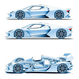 A detailed blueprint of a modern supercar inspired by Formula 1, displayed from six different angles: front view, side view, rear view, top view, diagonal view, and an exploded view showing the car's inner components