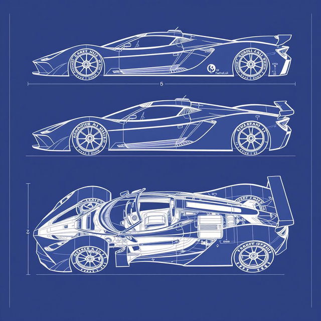 A detailed blueprint of a modern supercar inspired by Formula 1, displayed from six different angles: front view, side view, rear view, top view, diagonal view, and an exploded view showing the car's inner components