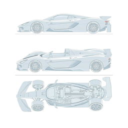 A detailed blueprint of a modern supercar inspired by Formula 1, displayed from six different angles: front view, side view, rear view, top view, diagonal view, and an exploded view showing the car's inner components