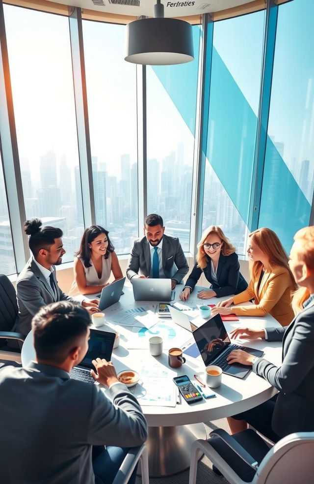 A visually inspiring scene depicting a diverse group of successful individuals in a modern office setting, brainstorming ideas at a large round table filled with laptops, charts, and coffee cups