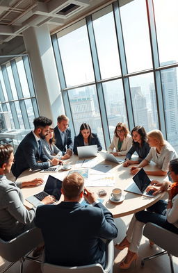 A visually inspiring scene depicting a diverse group of successful individuals in a modern office setting, brainstorming ideas at a large round table filled with laptops, charts, and coffee cups