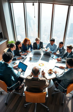 A visually inspiring scene depicting a diverse group of successful individuals in a modern office setting, brainstorming ideas at a large round table filled with laptops, charts, and coffee cups