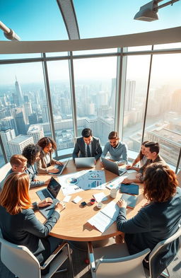 A visually inspiring scene depicting a diverse group of successful individuals in a modern office setting, brainstorming ideas at a large round table filled with laptops, charts, and coffee cups