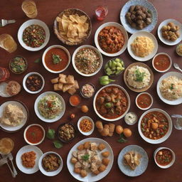 An assortment of the most delicious foods from around the world, vibrantly colored and enticing, laid out on an elegant dining table.