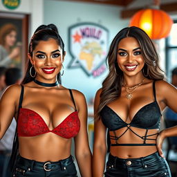 Two incredibly attractive 25-year-old women from Nauru, both dressed in sexy outfits that highlight their figures