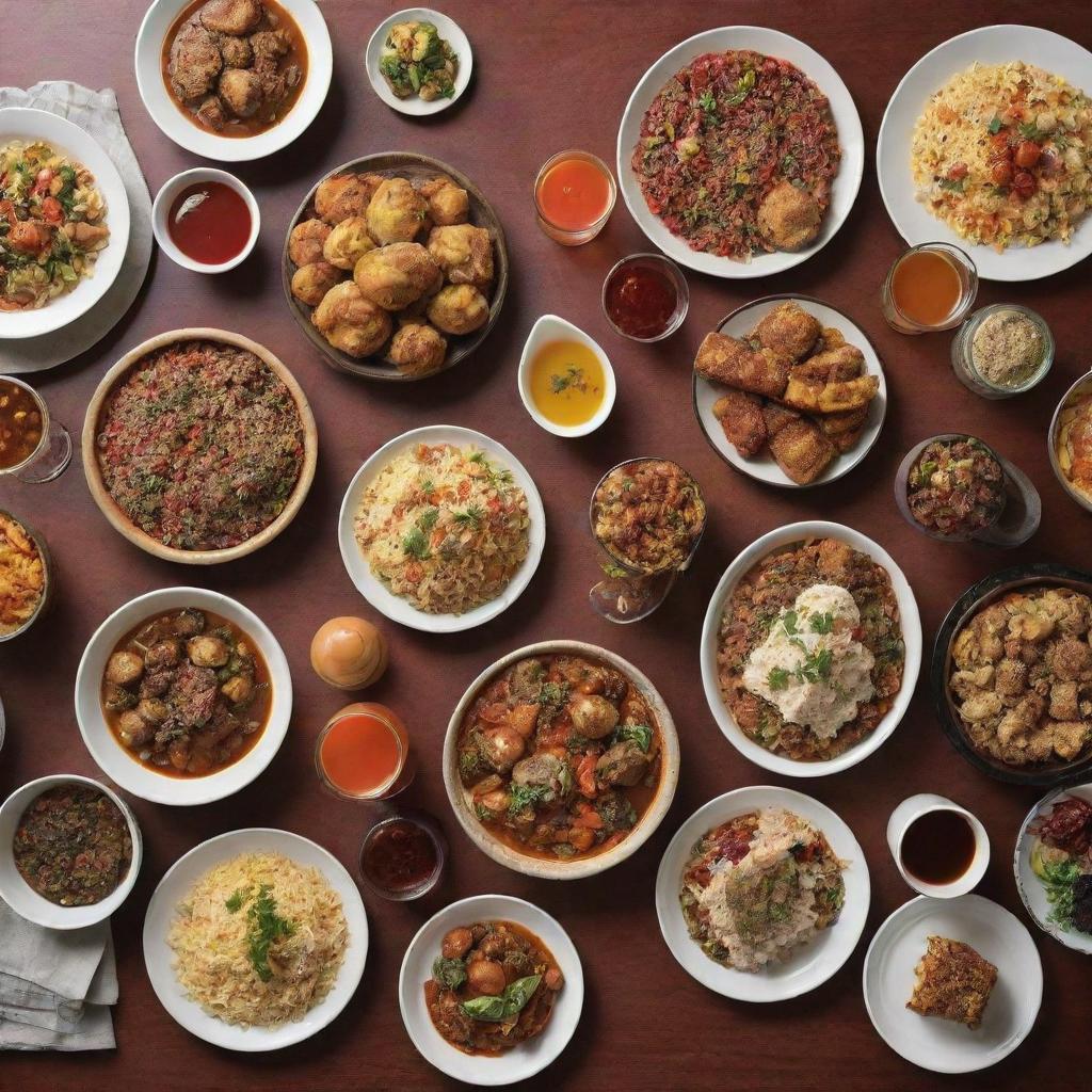 An assortment of the most delicious foods from around the world, vibrantly colored and enticing, laid out on an elegant dining table.