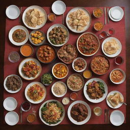 An assortment of the most delicious foods from around the world, vibrantly colored and enticing, laid out on an elegant dining table.