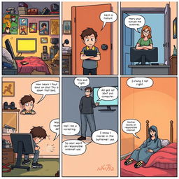 A six-panel comic strip illustrating a story: 1) A boy, around 12 years old, is deeply engrossed in playing Counter-Strike 2 (CS2) in his cozy, cluttered bedroom filled with gaming posters, gaming gear, and a glowing computer screen