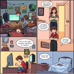 A six-panel comic strip illustrating a story: 1) A boy, around 12 years old, is deeply engrossed in playing Counter-Strike 2 (CS2) in his cozy, cluttered bedroom filled with gaming posters, gaming gear, and a glowing computer screen