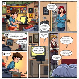 A six-panel comic strip illustrating a story: 1) A boy, around 12 years old, is deeply engrossed in playing Counter-Strike 2 (CS2) in his cozy, cluttered bedroom filled with gaming posters, gaming gear, and a glowing computer screen