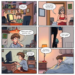 A six-panel comic strip illustrating a story: 1) A boy, around 12 years old, is deeply engrossed in playing Counter-Strike 2 (CS2) in his cozy, cluttered bedroom filled with gaming posters, gaming gear, and a glowing computer screen