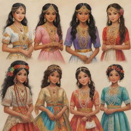 A multicultural depiction of beautiful girls from around the world, each radiating unique charm and grace, in an assortment of traditional attire.