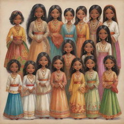 A multicultural depiction of beautiful girls from around the world, each radiating unique charm and grace, in an assortment of traditional attire.