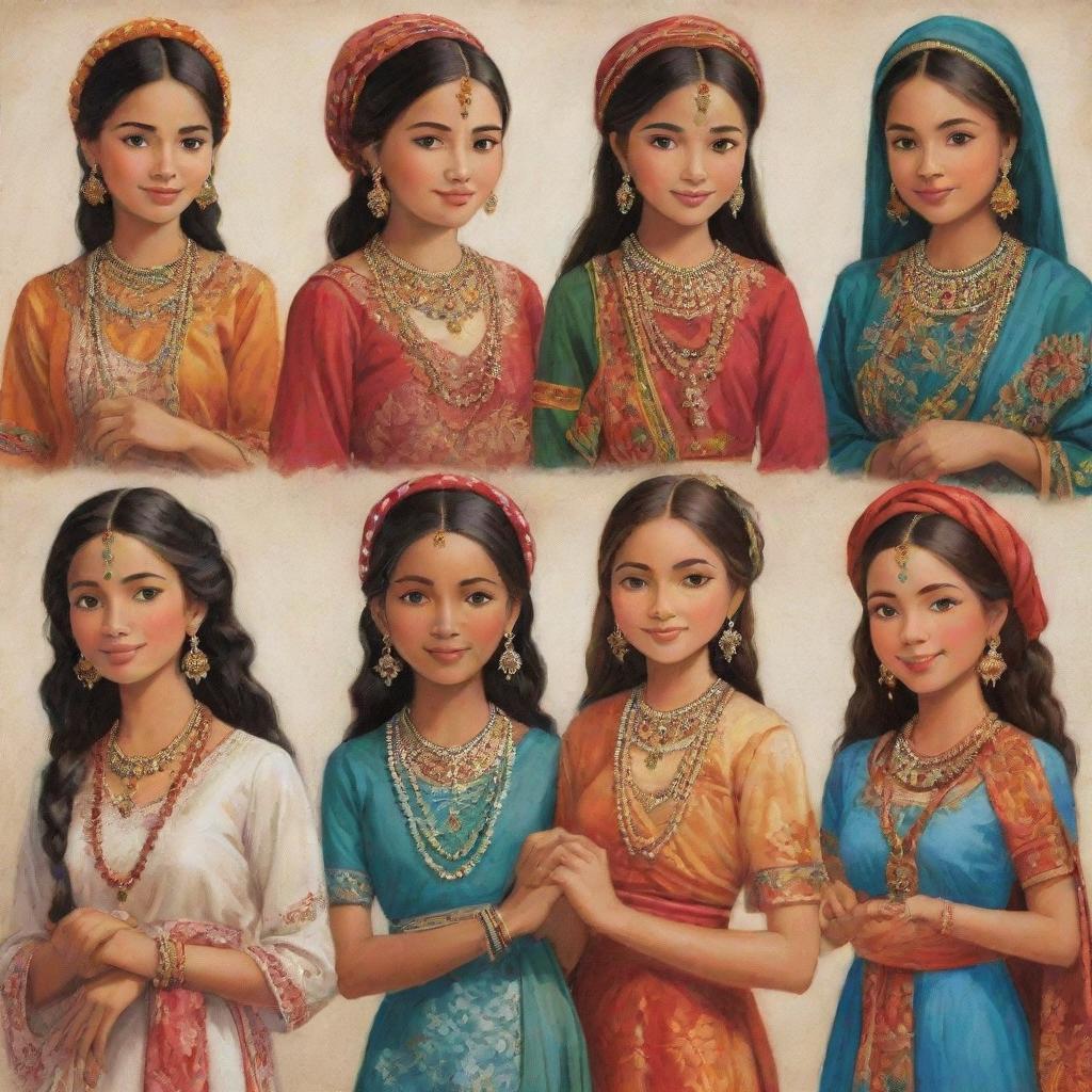 A multicultural depiction of beautiful girls from around the world, each radiating unique charm and grace, in an assortment of traditional attire.