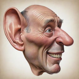 A caricature of an enormously large ear, maintaining accurate details while exaggerating size, evoking a sense of whimsy and fascination.