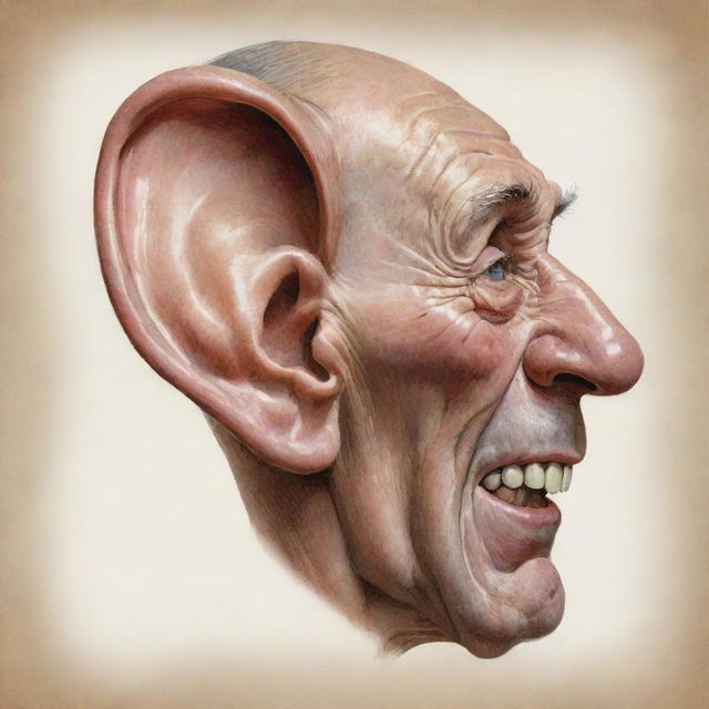 A caricature of an enormously large ear, maintaining accurate details while exaggerating size, evoking a sense of whimsy and fascination.