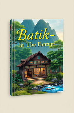 Book cover design for 'Batik-in The Future' featuring an aesthetic old batik shop set in a beautiful natural landscape