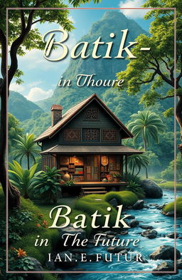 Book cover design for 'Batik-in The Future' featuring an aesthetic old batik shop set in a beautiful natural landscape