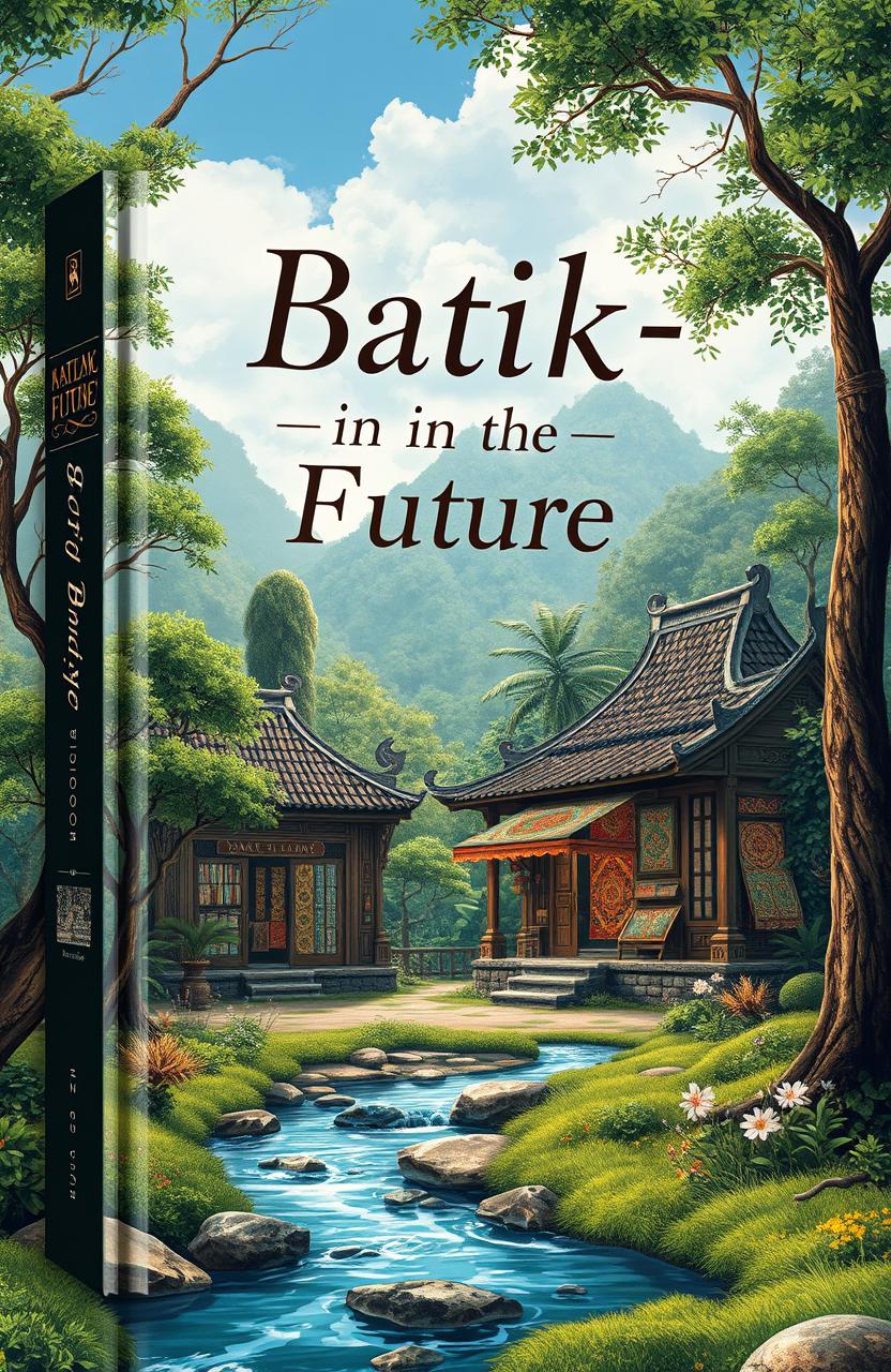 Book cover design for 'Batik-in The Future' featuring an aesthetic old batik shop set in a beautiful natural landscape