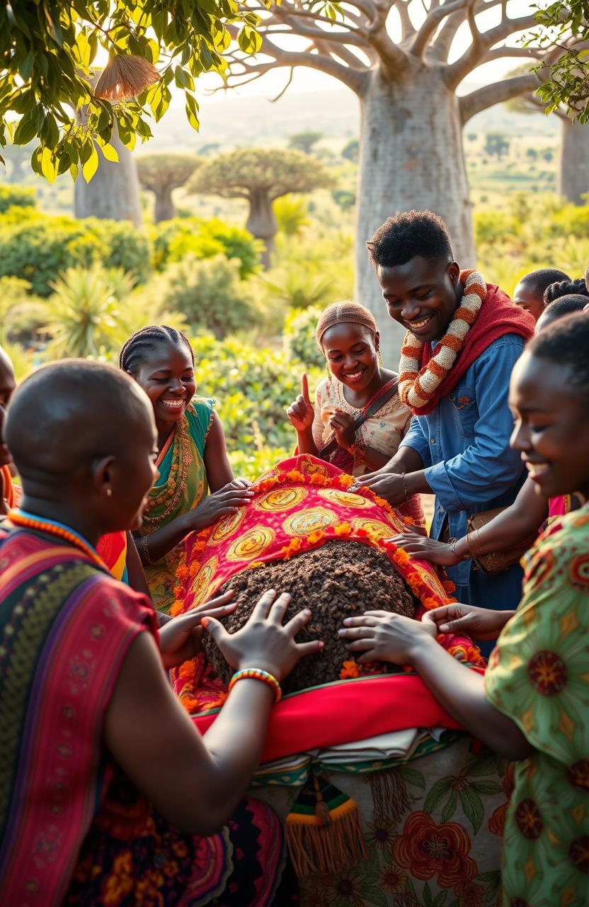 A vibrant scene depicting the Famadihana ritual in Madagascar, capturing the essence of cultural celebration