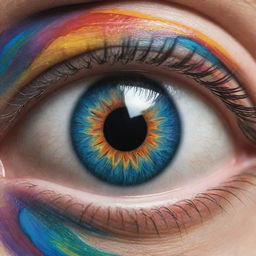 A whimsical representation of the world's largest eye, rendered with realistic detail yet exaggerated in size, filled with vibrant colors and reflective surfaces.