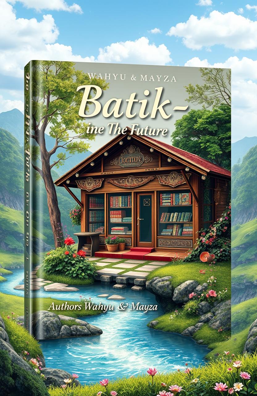 A captivating book cover design for "Batik-in The Future" featuring a vintage batik store depicted with aesthetic charm