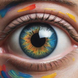 A whimsical representation of the world's largest eye, rendered with realistic detail yet exaggerated in size, filled with vibrant colors and reflective surfaces.