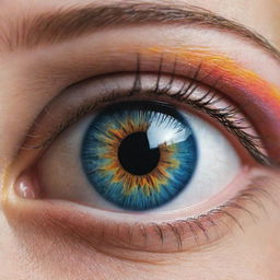 A whimsical representation of the world's largest eye, rendered with realistic detail yet exaggerated in size, filled with vibrant colors and reflective surfaces.