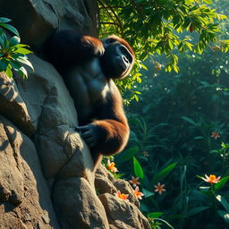 A striking image of a powerful gorilla climbing a large, rugged cliff in a lush, green jungle environment