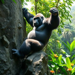 A striking image of a powerful gorilla climbing a large, rugged cliff in a lush, green jungle environment