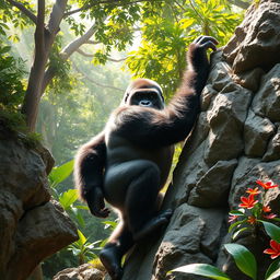 A striking image of a powerful gorilla climbing a large, rugged cliff in a lush, green jungle environment