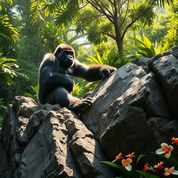 A striking image of a powerful gorilla climbing a large, rugged cliff in a lush, green jungle environment