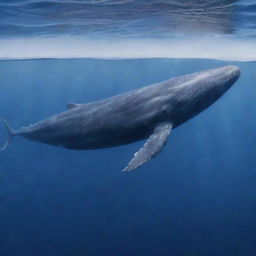 A magnificent and detailed portrayal of a Blue whale, the largest animal on Earth, swimming gracefully through a vast and vibrant ocean.