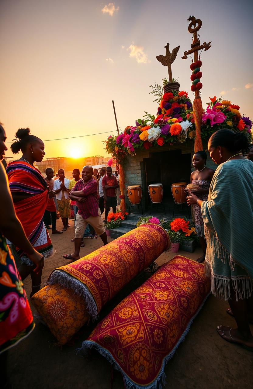 The Famadihana ritual, a fascinating cultural tradition from Madagascar, showcasing a vibrant ceremony where families celebrate their ancestors