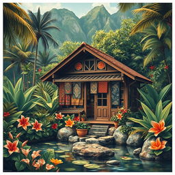 An artistic poster design featuring a vintage batik shop, showcasing its aesthetic appeal with rich, intricate batik textiles adorned around a charming, traditional building