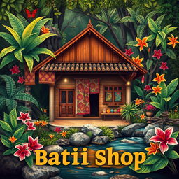 An artistic poster design featuring a vintage batik shop, showcasing its aesthetic appeal with rich, intricate batik textiles adorned around a charming, traditional building