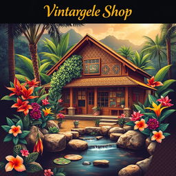 An artistic poster design featuring a vintage batik shop, showcasing its aesthetic appeal with rich, intricate batik textiles adorned around a charming, traditional building