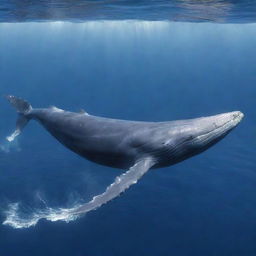 A magnificent and detailed portrayal of a Blue whale, the largest animal on Earth, swimming gracefully through a vast and vibrant ocean.