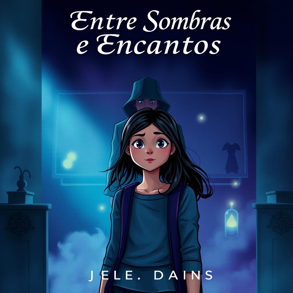 A book cover for "Entre Sombras e Encantos" featuring Luísa, a curious teenage girl, standing in a dark classroom with an intrigued expression