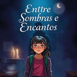 A book cover for "Entre Sombras e Encantos" featuring Luísa, a curious teenage girl, standing in a dark classroom with an intrigued expression