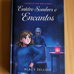 A book cover for "Entre Sombras e Encantos" featuring Luísa, a curious teenage girl, standing in a dark classroom with an intrigued expression