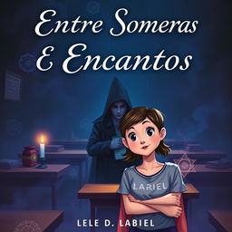 A book cover for "Entre Sombras e Encantos" featuring Luísa, a curious teenage girl, standing in a dark classroom with an intrigued expression
