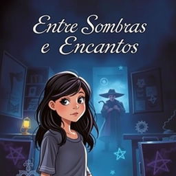 A book cover for "Entre Sombras e Encantos" featuring Luísa, a curious teenage girl, standing in a dark classroom with an intrigued look on her face