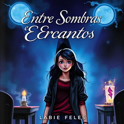 A book cover for "Entre Sombras e Encantos" featuring Luísa, a curious teenage girl, standing in a dark classroom with an intrigued look on her face