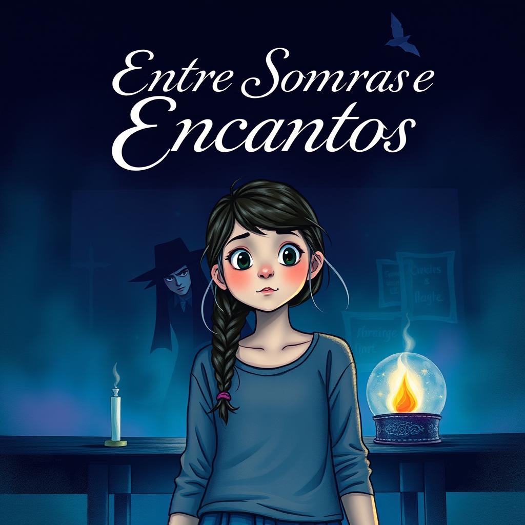 A book cover for "Entre Sombras e Encantos" featuring Luísa, a curious teenage girl, standing in a dark classroom with an intrigued look on her face